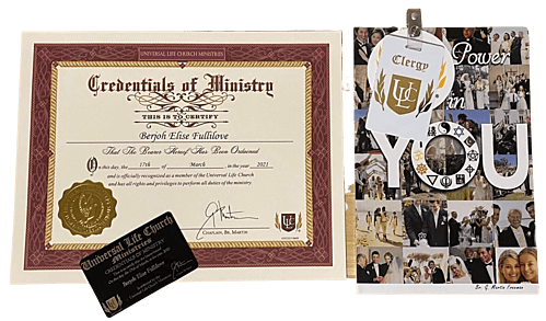 Universal Life Church Certificate with card and clergy badge and book